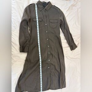 Theory Megan Linen Blend Khaki Button-Front 3/4 Sleeve Shirt Dress